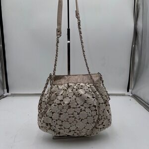 Poppie Jones Floral Lace Glitter Crossbody Bag Gold Cream Chain Strap Pouch